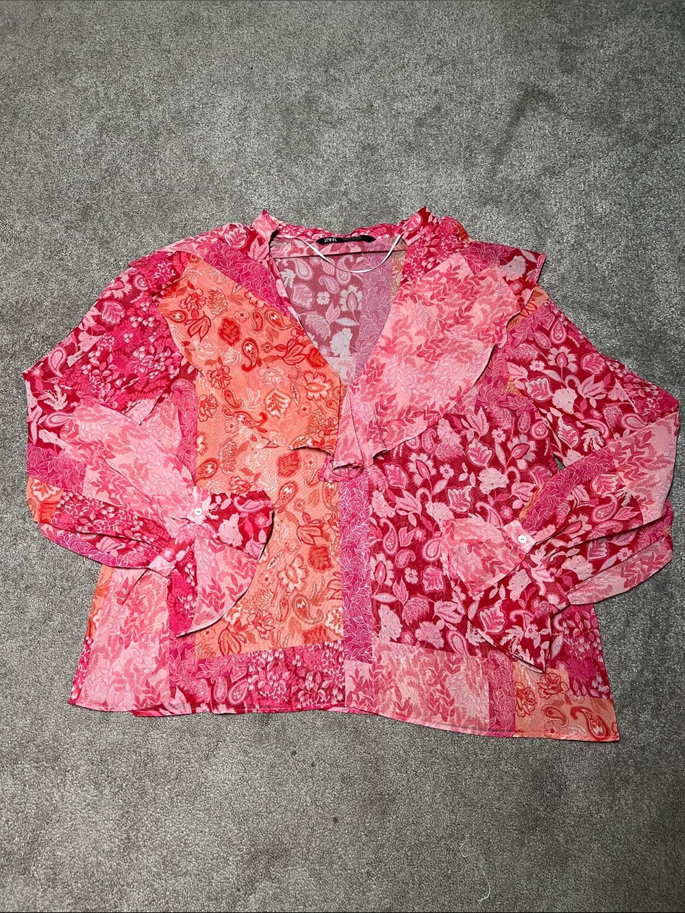 Zara Sheer Floral Ruffle Blouse Pink Orange size Large